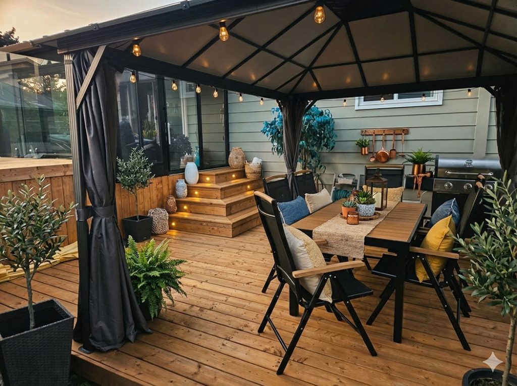 Aménagement de terrasse haut de gamme avec cuisine d'été, gazebo et éclairage d'ambiance par Design B Home a la Rive-Sud
