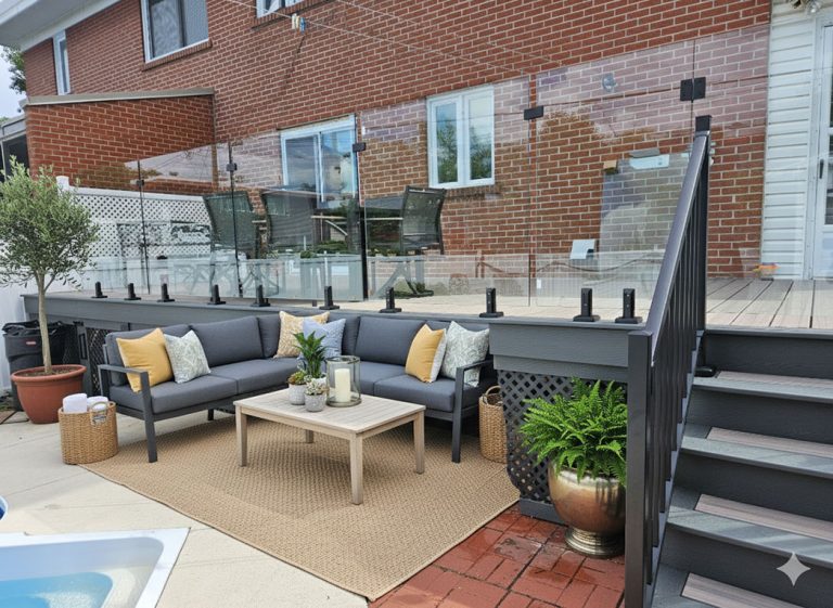 Patio composite avec garde-corps en verre